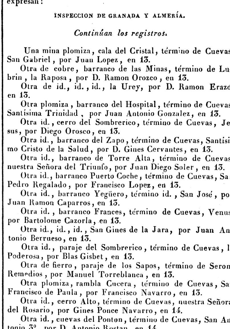 Página de jornal com a lista de minas registradas