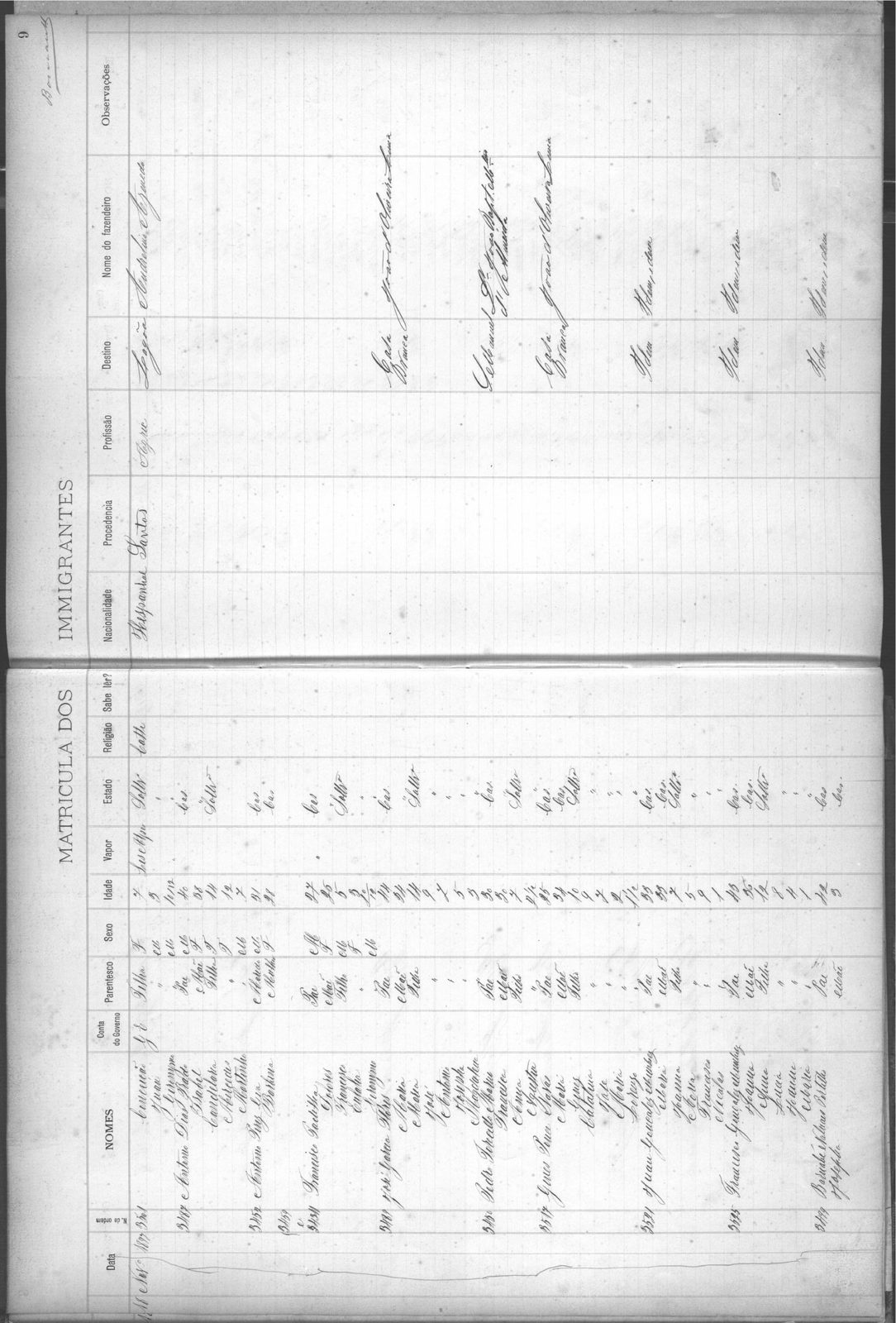 Página inteira de livro de registro de imigrantes