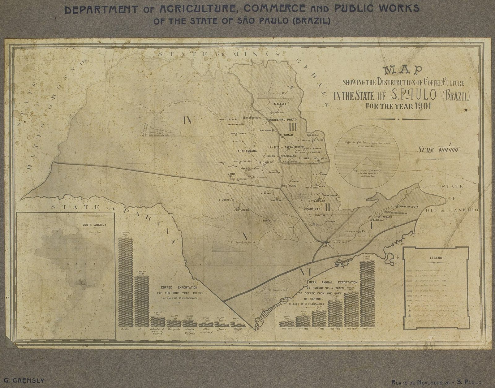 Mapa antigo do estado de São Paulo com a distribuição do café