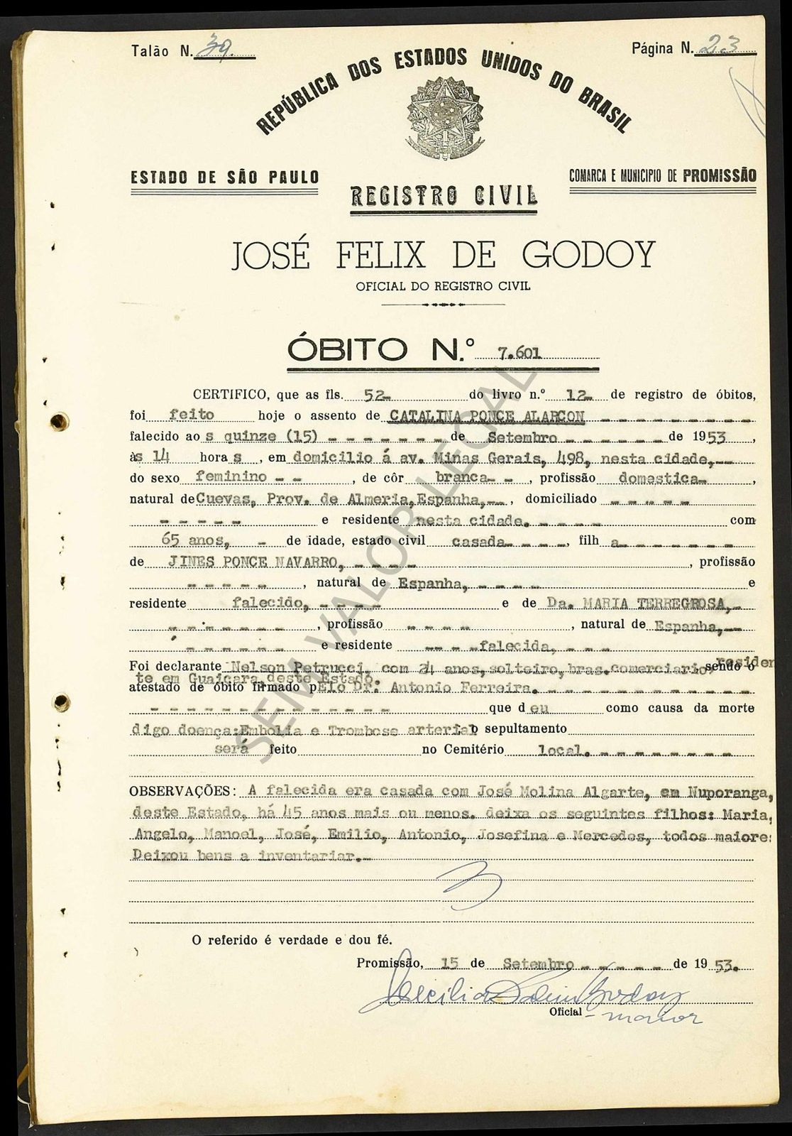 Certidão de óbito datilografada