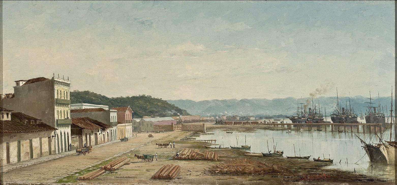 Pintura do cais do porto de Santos com navios e armazéns